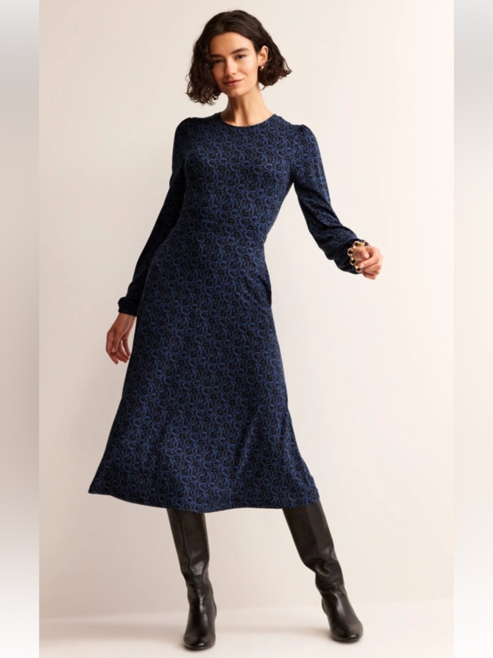 BODEN Camille Jersey Midi Dress Atlantic, Primrose Swirl Women Size 12R